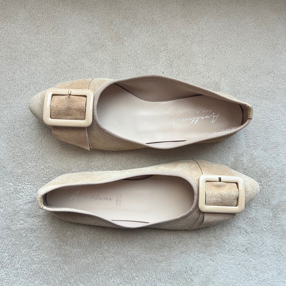 Avellini Women 8 EU 39 Tan Suede Pointed Toe Buckle Ballet Flats Italy Classic